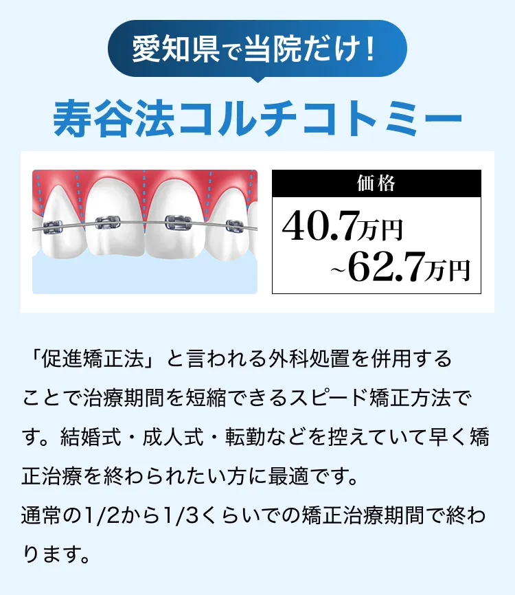 愛知県で当院だけ！寿谷法コルチコトミー　「促進矯正法」と言われる外科処置を併用することで治療期間を短縮できるスピード矯正方法です。結婚式・成人式・転勤などを控えていて早く矯正治療を終わられたい方に最適です。
                                          通常の1/2から1/3くらいでの矯正治療期間で終わります。